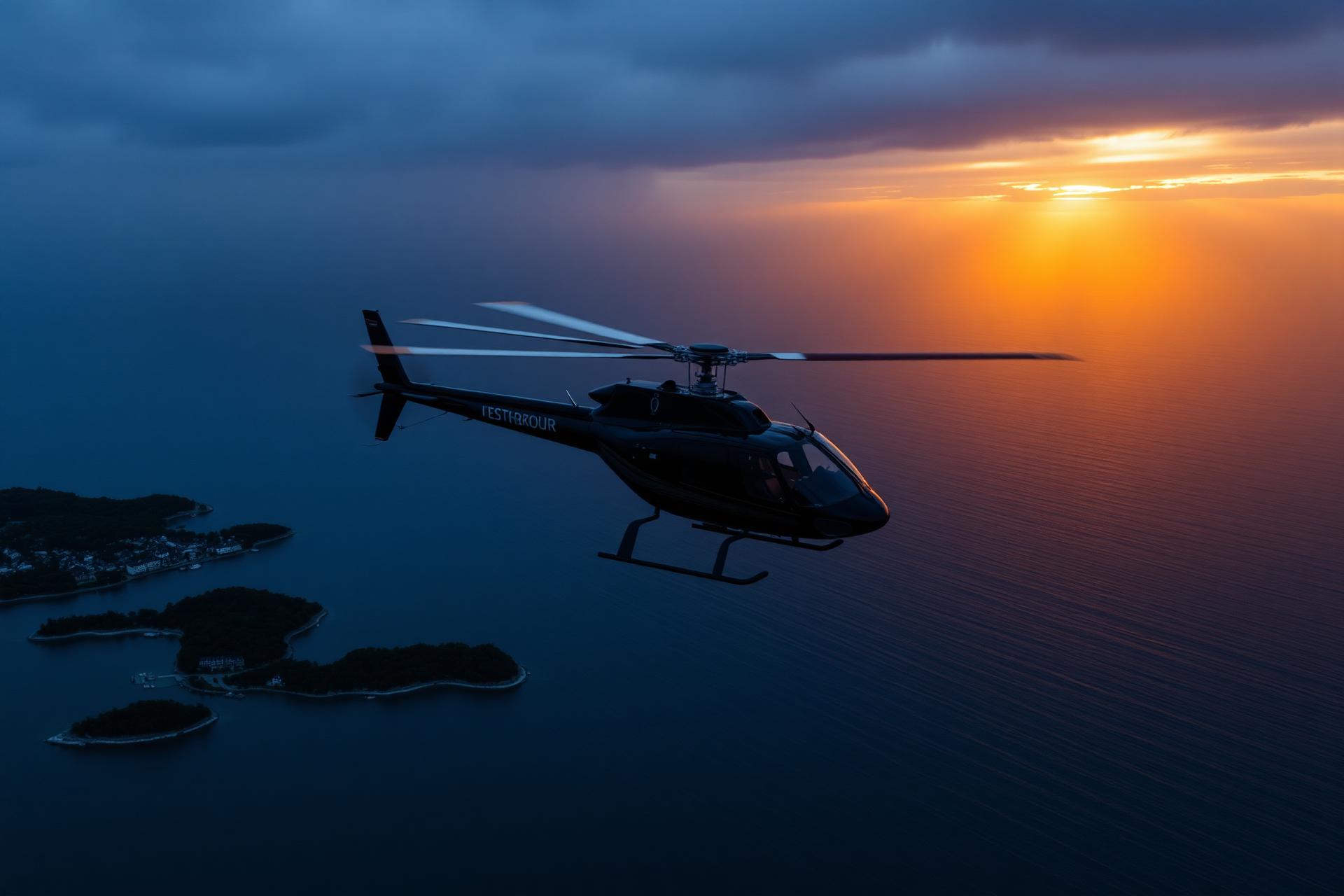 Helikopter över Stockholms skärgård i solnedgång